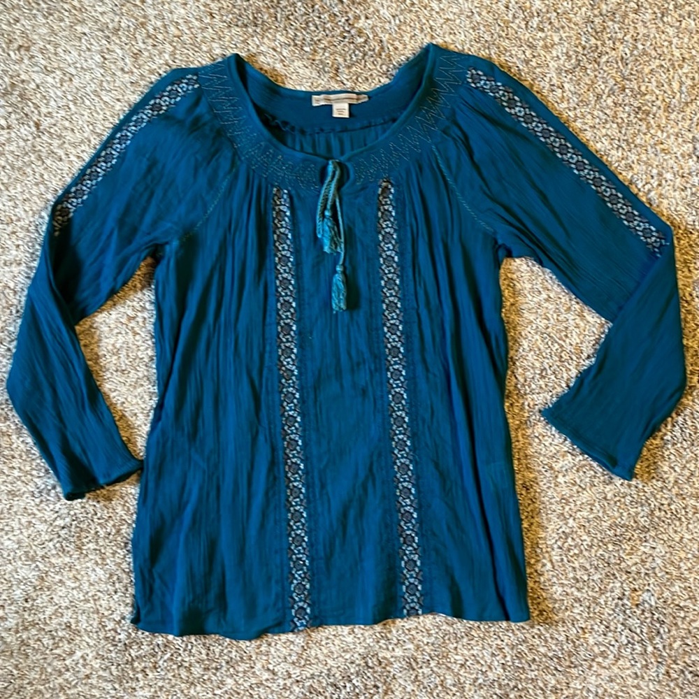 NINE WEST Teal Pullover Top Crinkle Linen Feel GUC Size XL